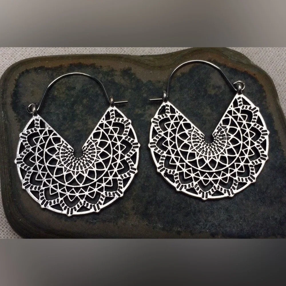 New Bohemian Mandala Minimalist Cut Out Hypoallergenic Silver Hoop Earrings